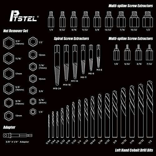 Screw Extractors, PTSTEL 49PCS Nut Removal And Drill Bit Set, Multi-Spline Screw Extractors, Spiral Screws Extractors, Left Hand Cobalt Drill Bits Tool Kit