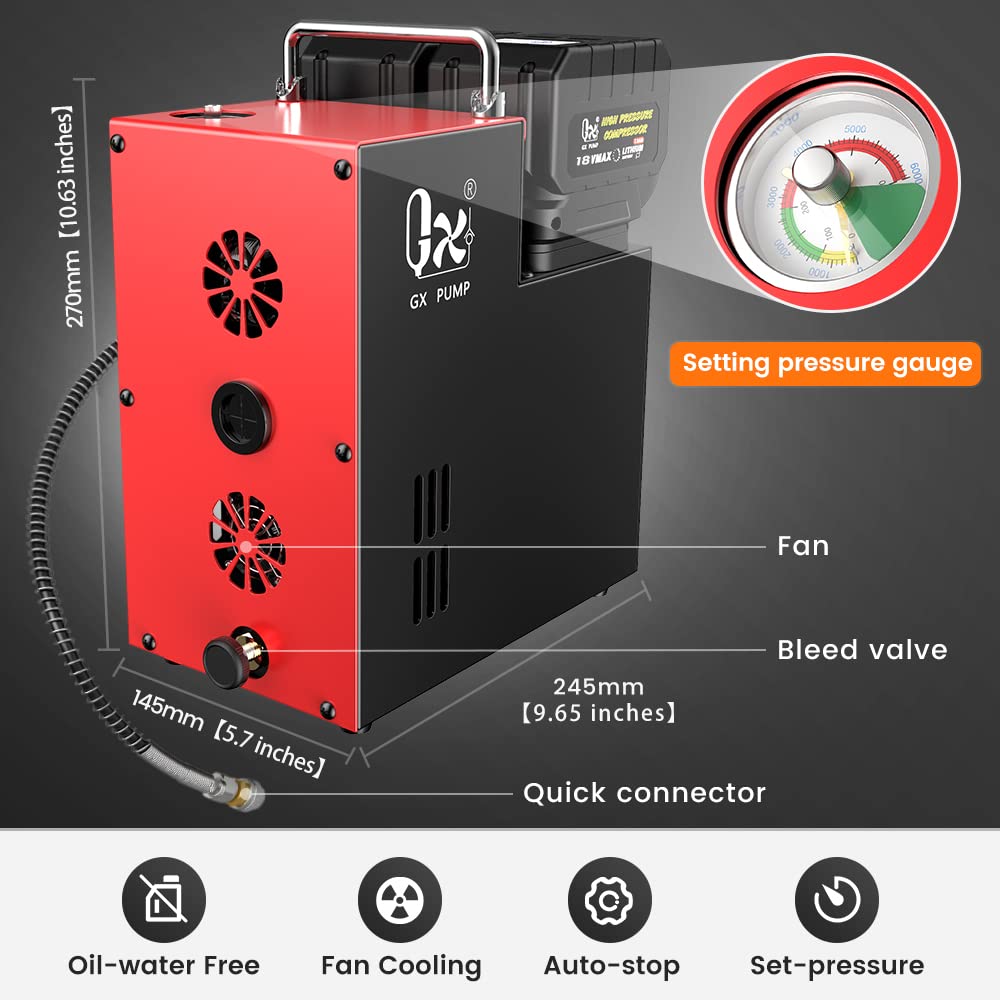 GX PUMP PCP Air Compressor L3 4500Psi/320Bar/32Mpa,PCP Compressor with Dual 18V Lithium Batteries,Set Pressure & Auto-Shutoff,Paintaball Air Compressor Built-in Oil-Water Separator&Cooling Fan