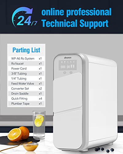 Deepuro RO Water Filter System, Reverse Osmosis Under Sink Water Filtration System 600GPD, 0.0001μm Tankless Water Purifiers 5 Stage, 1.5:1 Pure to Drain Visible TDS & Filters Life, White, WP-A6