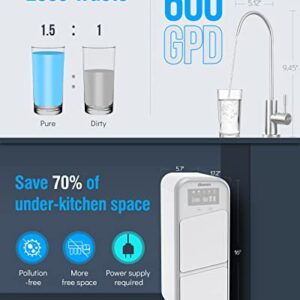 Deepuro RO Water Filter System, Reverse Osmosis Under Sink Water Filtration System 600GPD, 0.0001μm Tankless Water Purifiers 5 Stage, 1.5:1 Pure to Drain Visible TDS & Filters Life, White, WP-A6