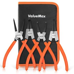 valuemax 4 pcs snap ring pliers heavy duty set, circlip pliers kit with straight bent jaw precision spring loaded pliers, 7 inch internal/external c clip pliers with storage pouch