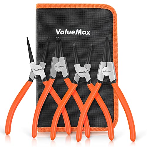 ValueMax 4 PCS Snap Ring Pliers Heavy Duty Set, Circlip Pliers Kit with Straight Bent Jaw Precision Spring Loaded Pliers, 7 Inch Internal/External C Clip Pliers with Storage Pouch