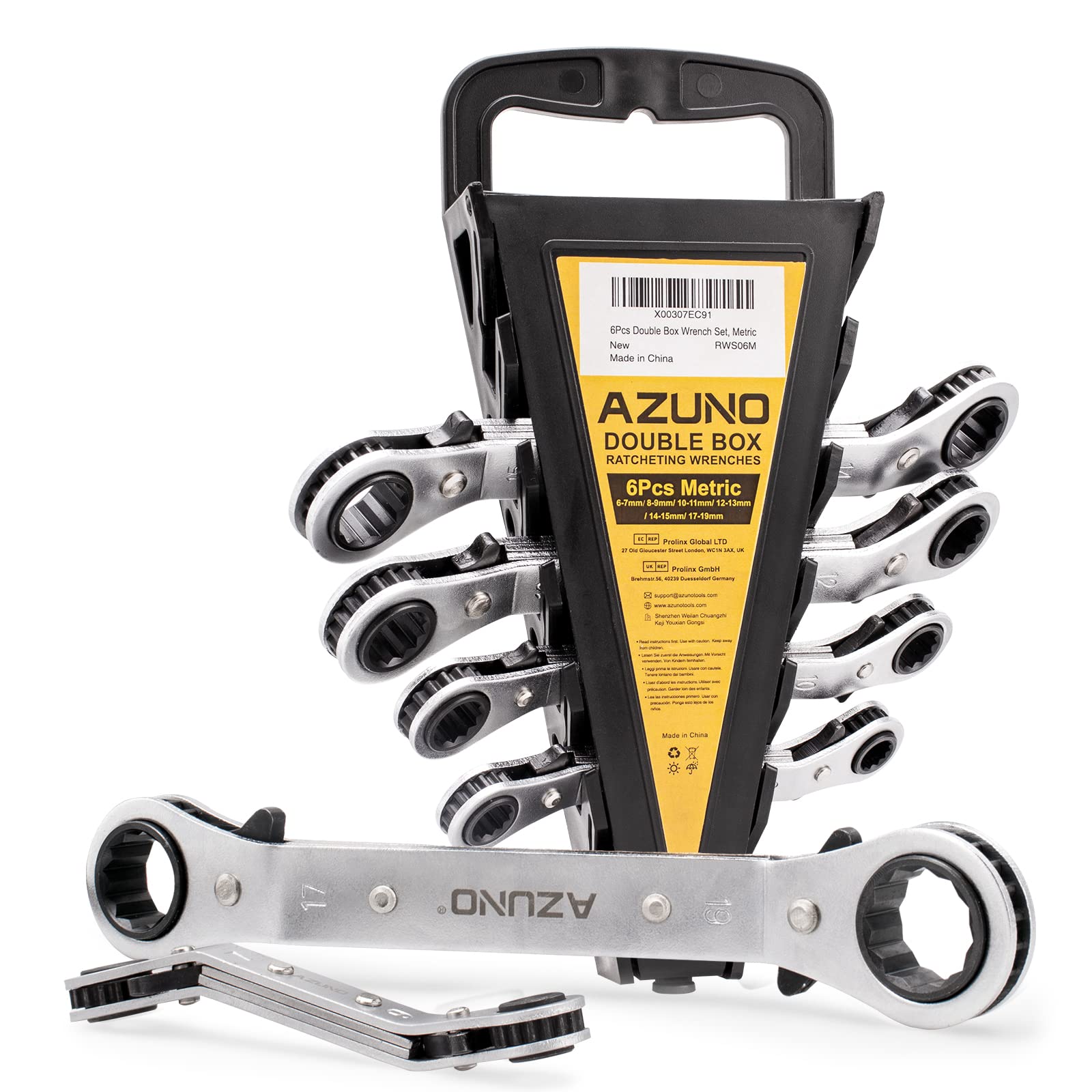 AZUNO 6 pcs Double Offset Box End Reversible Ratcheting Wrench Set, Metric, Ratchet Spanner Crooked for Narrow Spaces