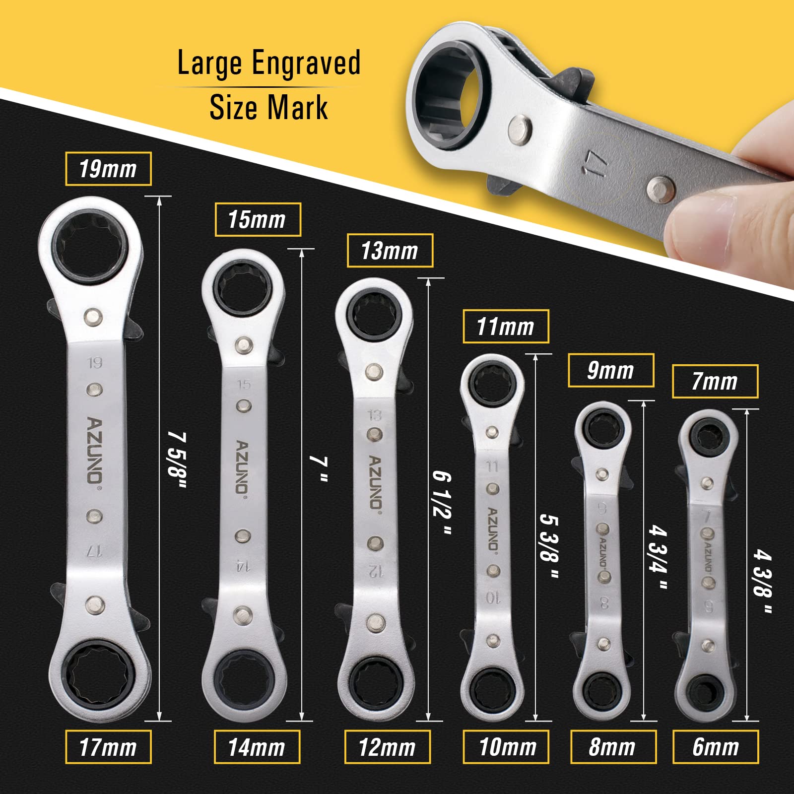 AZUNO 6 pcs Double Offset Box End Reversible Ratcheting Wrench Set, Metric, Ratchet Spanner Crooked for Narrow Spaces
