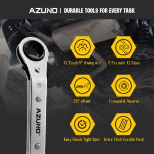 AZUNO 6 pcs Double Offset Box End Reversible Ratcheting Wrench Set, Metric, Ratchet Spanner Crooked for Narrow Spaces