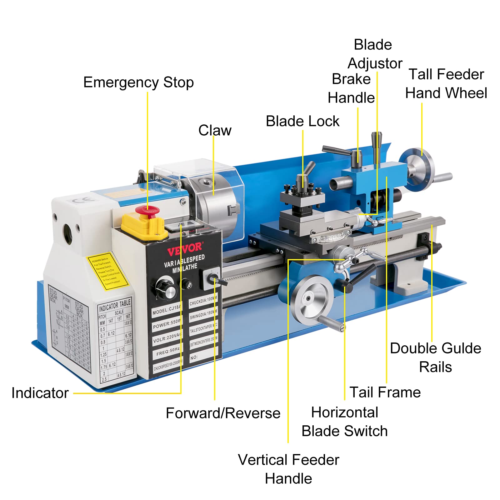 VEVOR Mini Metal Lathe, 7"x14" Benchtop Metal Lathe, 550W Variable Speed 2250RPM Metal Lathe, with 3-jaw Chuck CNC Mini Lathe Machine, Precision Mini Lathe w/Tool Box Digital Display for Metal Turning