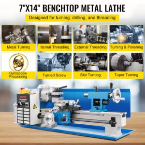 VEVOR Mini Metal Lathe, 7"x14" Benchtop Metal Lathe, 550W Variable Speed 2250RPM Metal Lathe, with 3-jaw Chuck CNC Mini Lathe Machine, Precision Mini Lathe w/Tool Box Digital Display for Metal Turning