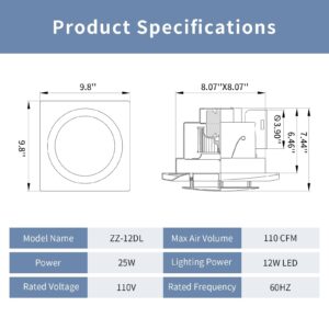 Zeyzer Bathroom Exhaust Fan with Light LED Square Quiet Ceiling Mount Ventilation Fan Combination for Bathroom/Shower/Restroom/Home/Office, 110 CFM 1.0 Sones 4 Inches Duct 110V, White