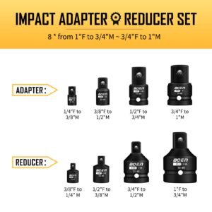 BOEN 8 Piece Impact Socket Adapter and Reducer Set, 1/4" 3/8" 1/2" 3/4" Drive Socket Adapter Set with Durable Case for Impact Driver Conversions (Upgraded)