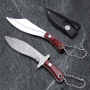 Ruksifg Mini Knives Set 2Pcs Damascus Pocket Knife Set with Sheath for Box Cutter Keychain Pendant Decoration