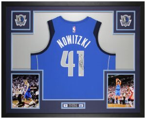 dirk nowitzki autographed blue dallas jersey - beautifully matted and framed - hand signed by dirk and certified authentic by fanatics - includes certificate of authenticity