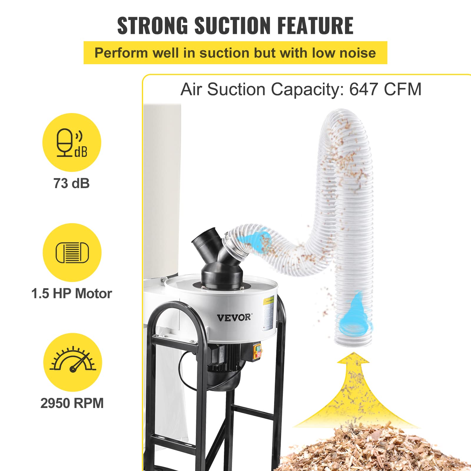 VEVOR 1.5 HP Dust Collector, 647 CFM Portable Vortex Dust Collector, Woodworking Dust Collector with 13.2-Gallon Collection Bag and Mobile Base, 220V Dust Collection System 25-Micron Canister Kit