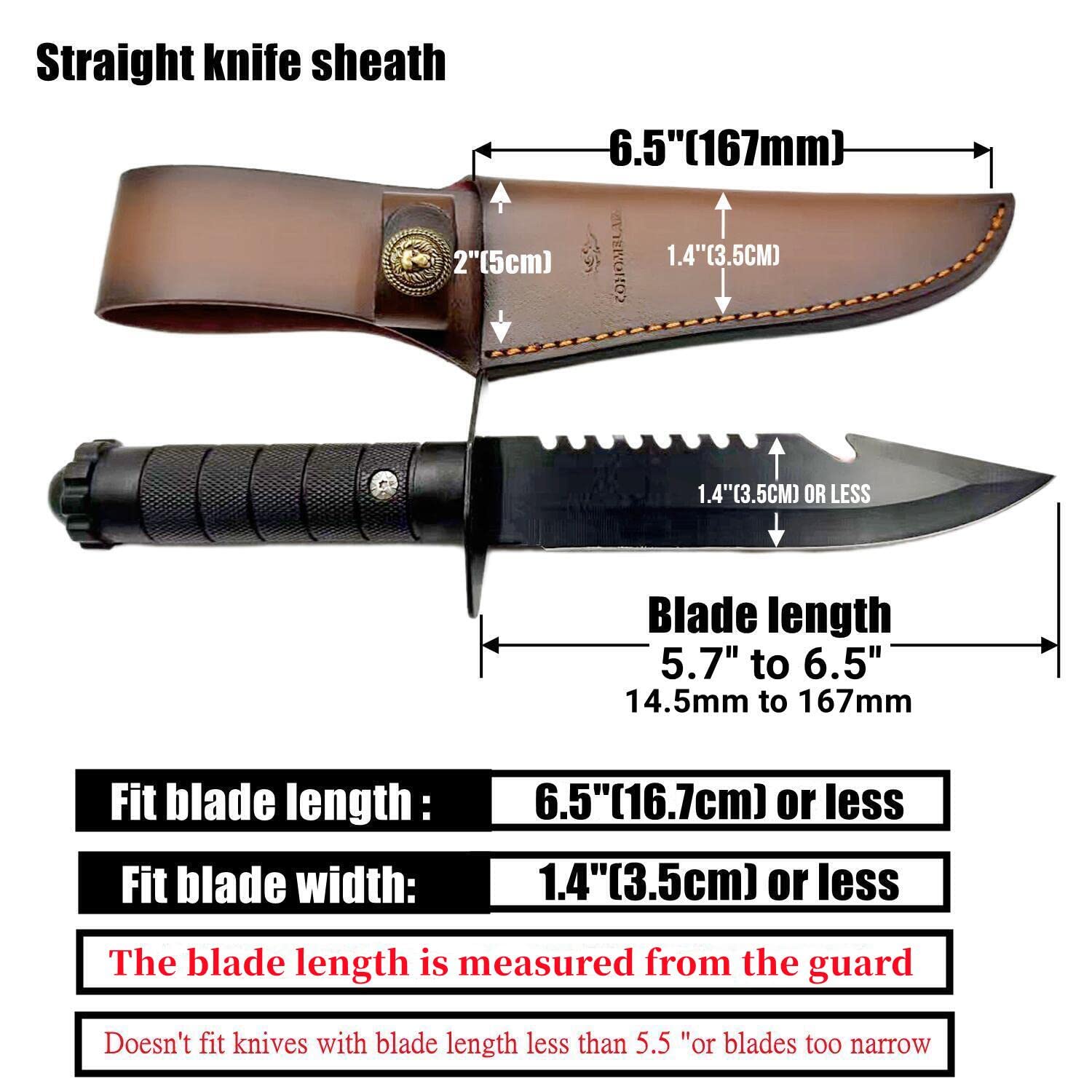 COHOMELARS Straight Knife Sheath Fits up to 6.5'' Blade,Hunting Fixed Blade Leather Knife Holster Brown