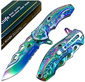 super knife 8" rainbow dragon tactical spring assisted open edc blade folding pocket knife