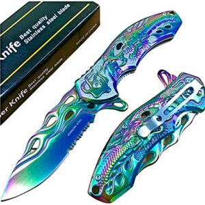 Super Knife 8" Rainbow Dragon Tactical Spring Assisted Open EDC Blade Folding Pocket knife