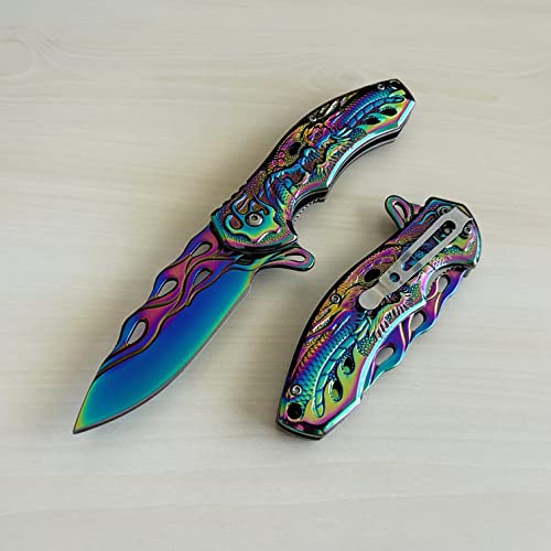 Super Knife 8" Rainbow Dragon Tactical Spring Assisted Open EDC Blade Folding Pocket knife