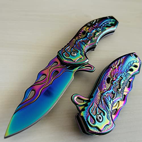 Super Knife 8" Rainbow Dragon Tactical Spring Assisted Open EDC Blade Folding Pocket knife