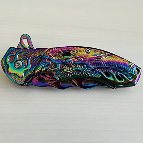 Super Knife 8" Rainbow Dragon Tactical Spring Assisted Open EDC Blade Folding Pocket knife