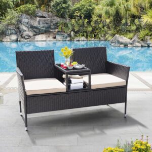 GUNJI Outdoor Patio Loveseat Wicker Rattan Conversation Furniture Set Modern Porch Chair with Built-in Coffee Table Patio Bistro Set for Balcony, Lawn, Deck, Garden (Beige)