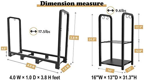 Artibear 4ft Outdoor Firewood Rack With Indoor Small Wood Storage Holder for Fireplace, Black