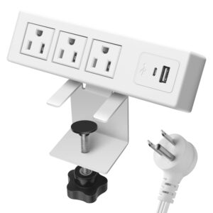 white desktop clamp power strip with usb, surge protector power charging station outlet with 3 plugs 1 usb a 1 usb c pd fast charging outlets, desk mount multi-outlets for home office garage workshop