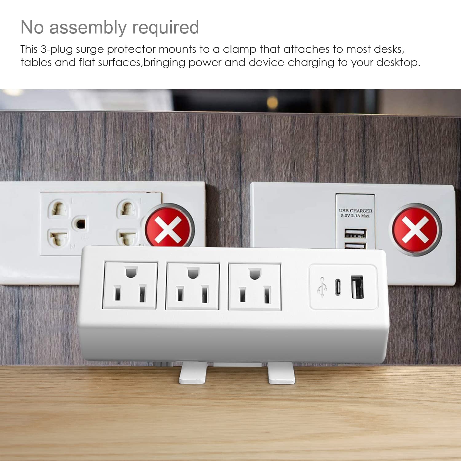 White Desktop Clamp Power Strip with USB, Surge Protector Power Charging Station Outlet with 3 Plugs 1 USB A 1 USB C PD Fast Charging Outlets, Desk Mount Multi-Outlets for Home Office Garage Workshop
