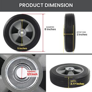 AR-PRO (2-Pack) 8" x 2" Flat Free Solid Rubber Tire and Wheel, 3/4" & 5/8" & 1/2" Axles Bore Hole with 2" Offset Hub, Compatible with 8 Inche Wheel for Dolly Trolley Hand Trucks Garden Wagon Cart