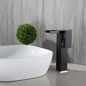 Black Bathroom Vessel Faucet Led Light 3 Color Changing Waterfall Single Handle One Hole Bowl Sink Faucet Vanity Lavatory Deck Mount Mixer Tap Tall with Pop Up Drain Without Overflow and Supply Lines