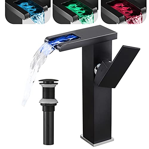 Black Bathroom Vessel Faucet Led Light 3 Color Changing Waterfall Single Handle One Hole Bowl Sink Faucet Vanity Lavatory Deck Mount Mixer Tap Tall with Pop Up Drain Without Overflow and Supply Lines