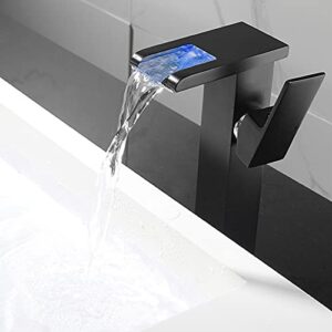 Black Bathroom Vessel Faucet Led Light 3 Color Changing Waterfall Single Handle One Hole Bowl Sink Faucet Vanity Lavatory Deck Mount Mixer Tap Tall with Pop Up Drain Without Overflow and Supply Lines