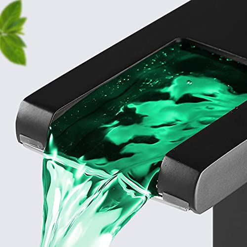 Black Bathroom Vessel Faucet Led Light 3 Color Changing Waterfall Single Handle One Hole Bowl Sink Faucet Vanity Lavatory Deck Mount Mixer Tap Tall with Pop Up Drain Without Overflow and Supply Lines