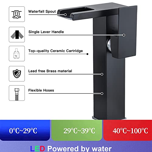 Black Bathroom Vessel Faucet Led Light 3 Color Changing Waterfall Single Handle One Hole Bowl Sink Faucet Vanity Lavatory Deck Mount Mixer Tap Tall with Pop Up Drain Without Overflow and Supply Lines