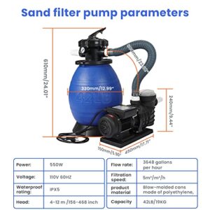 Anbull 13" Pool Sand Filter w/ 3/4HP Pool Pump, 5 Way Valve 3648 GPH Pump Flow Rate, Filter up to 10,000GAL Above Ground Swimming Pool(Upgraded Version)