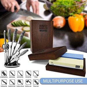 Sharpening Stone Set with Wood Storage Box, SHAN ZU Whetstone Dual Grit 400/1000 & 3000/8000 Knife Sharpener Stone Includes Non-Slip Rubber Strip & Flattening Stone & Angle Guide & Leather Razor Strop