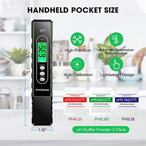 VIVOSUN PH Meter Digital PH Tester Pen 0.01 High Accuracy Water Quality Tester with 0-14 PH Measurement Range for Household Drinking, Pool and Aquarium, with ATC, Army Green