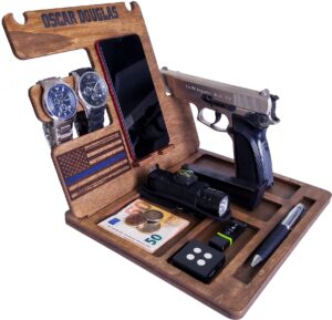 custom wood phone docking station personalized gifts for men boyfriend husband son dad as anniversary birthday nightstand with key holder gun holder wallet stand and watch organizer