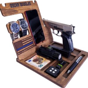 Custom Wood Phone Docking Station Personalized Gifts for Men Boyfriend Husband Son Dad as Anniversary Birthday Nightstand with Key Holder Gun Holder Wallet Stand and Watch Organizer