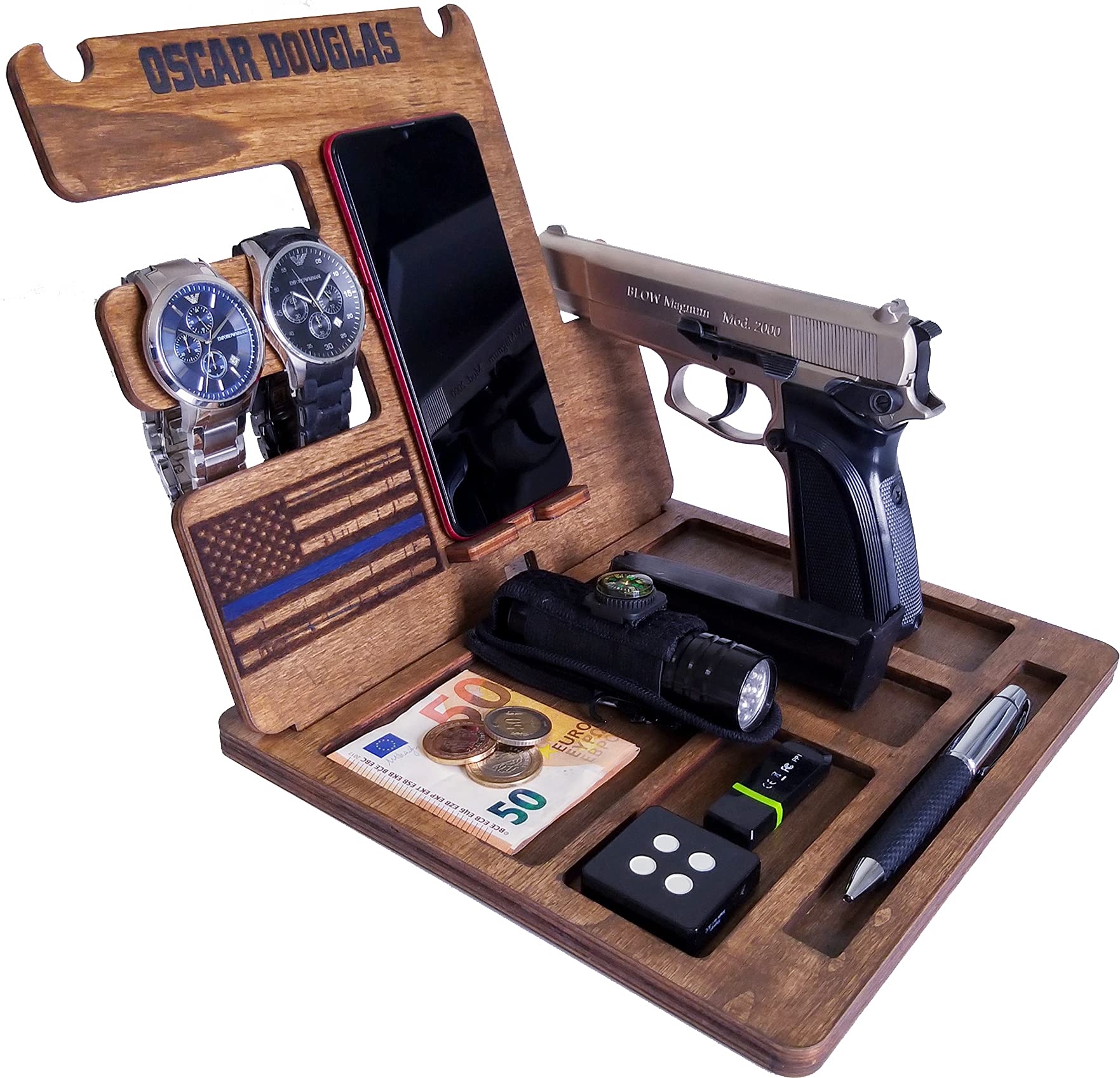 Custom Wood Phone Docking Station Personalized Gifts for Men Boyfriend Husband Son Dad as Anniversary Birthday Nightstand with Key Holder Gun Holder Wallet Stand and Watch Organizer