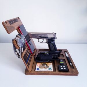 Custom Wood Phone Docking Station Personalized Gifts for Men Boyfriend Husband Son Dad as Anniversary Birthday Nightstand with Key Holder Gun Holder Wallet Stand and Watch Organizer