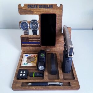 Custom Wood Phone Docking Station Personalized Gifts for Men Boyfriend Husband Son Dad as Anniversary Birthday Nightstand with Key Holder Gun Holder Wallet Stand and Watch Organizer