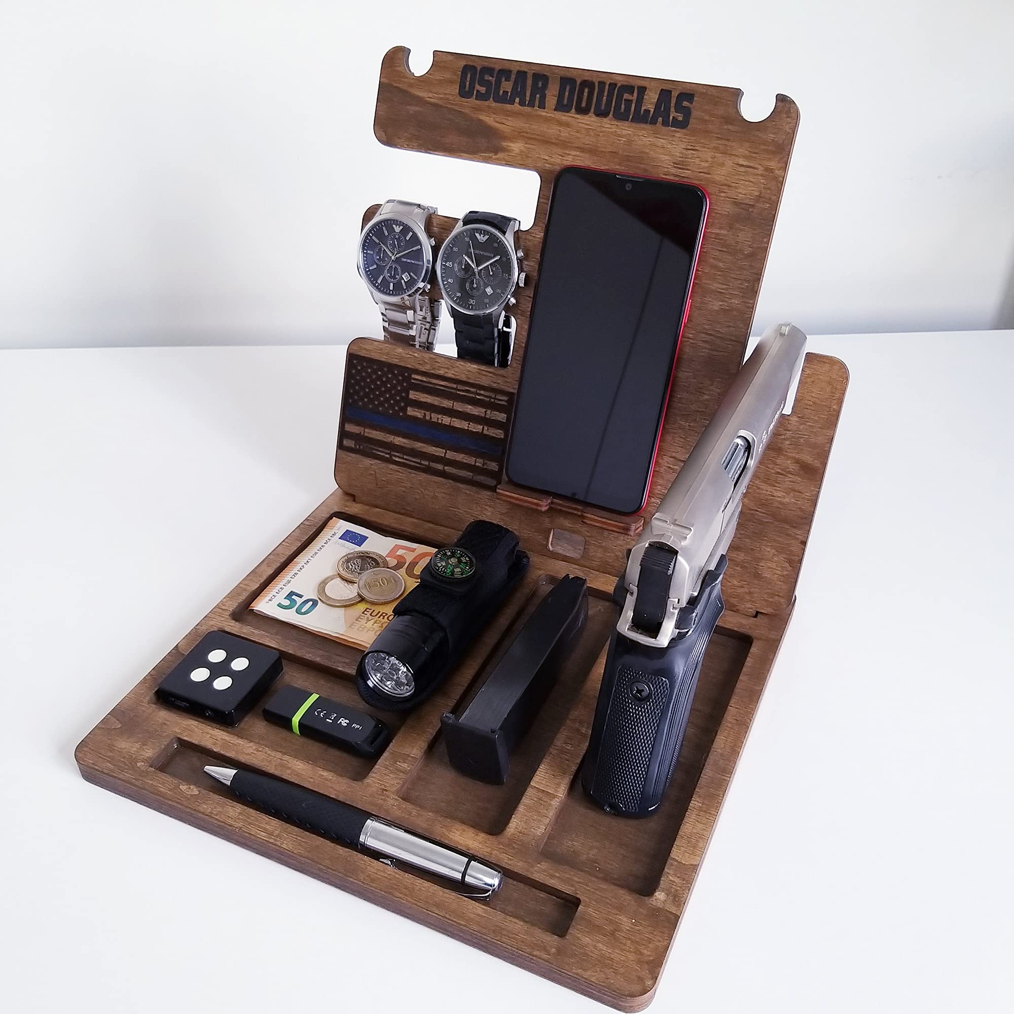 Custom Wood Phone Docking Station Personalized Gifts for Men Boyfriend Husband Son Dad as Anniversary Birthday Nightstand with Key Holder Gun Holder Wallet Stand and Watch Organizer