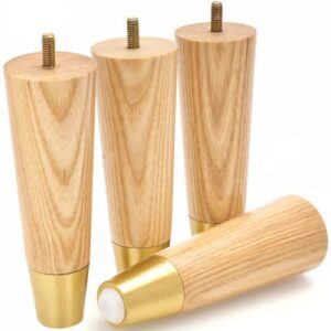 ash wood furniture legs with gold caps - mid century legs for sofa, chair, table, dresser, bed, cabinet, ottoman - wooden legs are easy to install & include installation hardware - set of 4, 6 inches