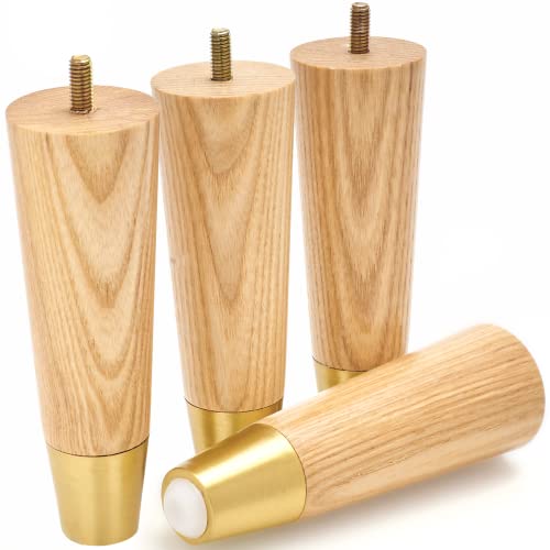 Ash Wood Furniture Legs With Gold Caps - Mid Century Legs For Sofa, Chair, Table, Dresser, Bed, Cabinet, Ottoman - Wooden Legs Are Easy To Install & Include Installation Hardware - Set of 4, 6 Inches