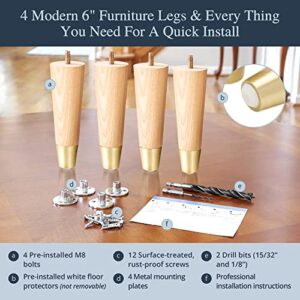 Ash Wood Furniture Legs With Gold Caps - Mid Century Legs For Sofa, Chair, Table, Dresser, Bed, Cabinet, Ottoman - Wooden Legs Are Easy To Install & Include Installation Hardware - Set of 4, 6 Inches