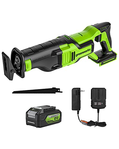 Greenworks 24V Brushless (1-1/8") Cordless Reciprocating Saw (2,7000 SPM), 4.0Ah Battery and Compact Charger Included