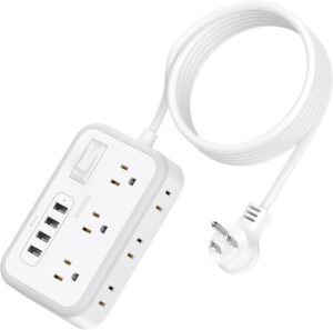 ntonpower power strip with usb, flat plug power strip with 4 usb ports 6 outlets, 5 ft white extension cord, overload protection, outlet extender for travel, indoor, home office, dorm room essentials