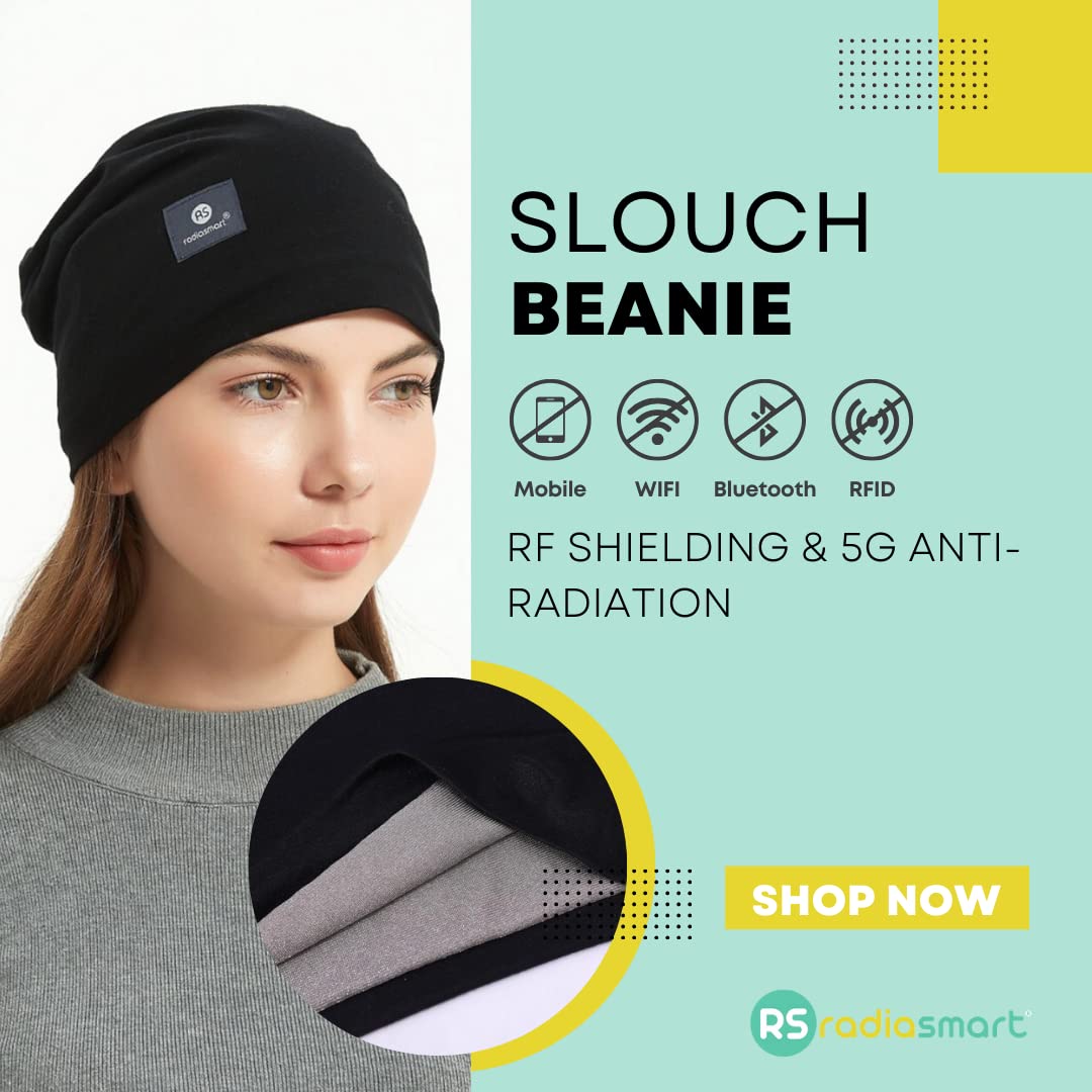 Radia Smart EMF Protection Slouch Beanie, 5G Anti-Radiation, RF Shielding, WiFi Radiation Protection, Brain Coat, Black