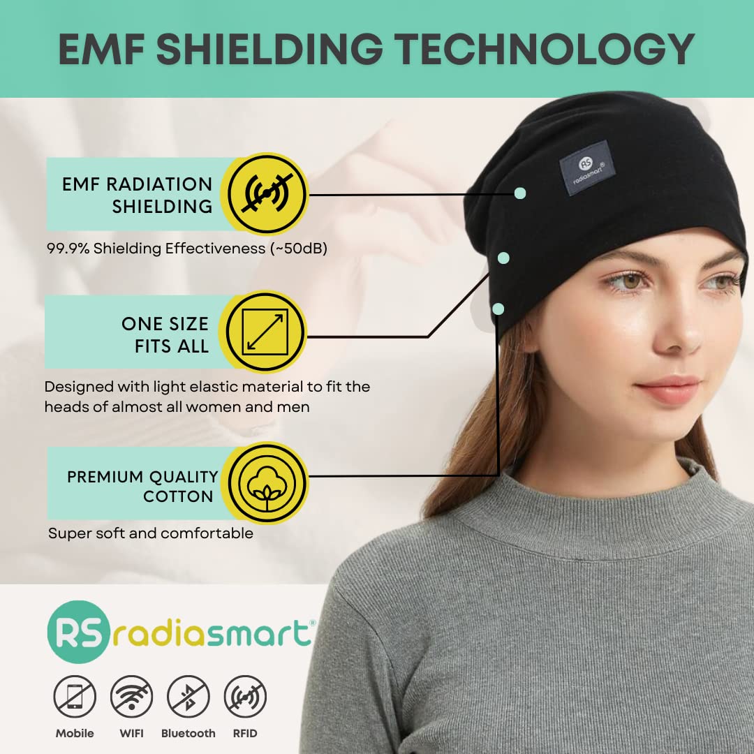 Radia Smart EMF Protection Slouch Beanie, 5G Anti-Radiation, RF Shielding, WiFi Radiation Protection, Brain Coat, Black