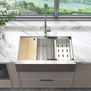 sinber 33" x 20" x 10" farmhouse apron single bowl workstation kitchen sink with 16 gauge 304 stainless steel satin finish 6 accessories kss0005s-ok