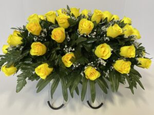 yellow rose with baby's breath flowers cemetery headstone saddle arrangement